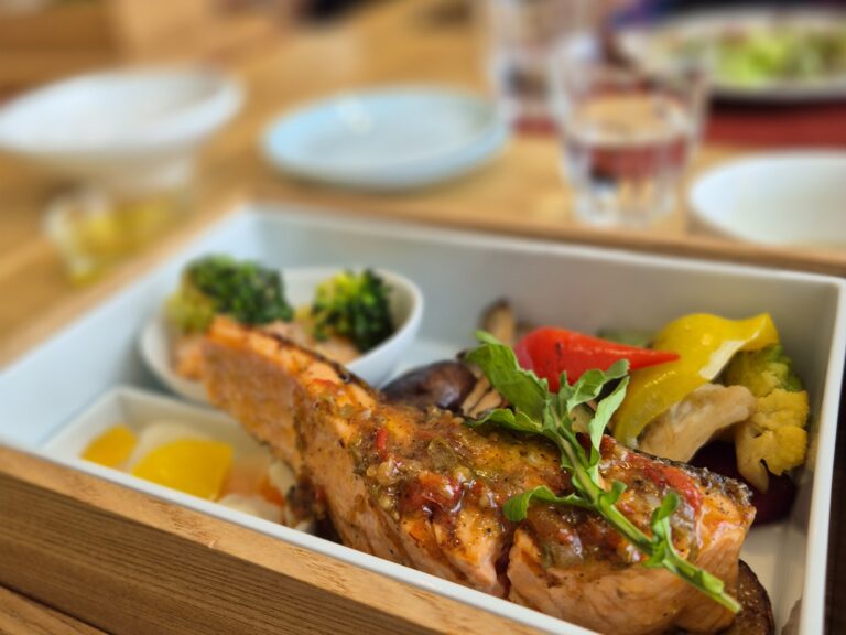 Japanese fine dining meal with salmon and vegetables served during the Women on Edge ski-treat in Niseko, Japan.