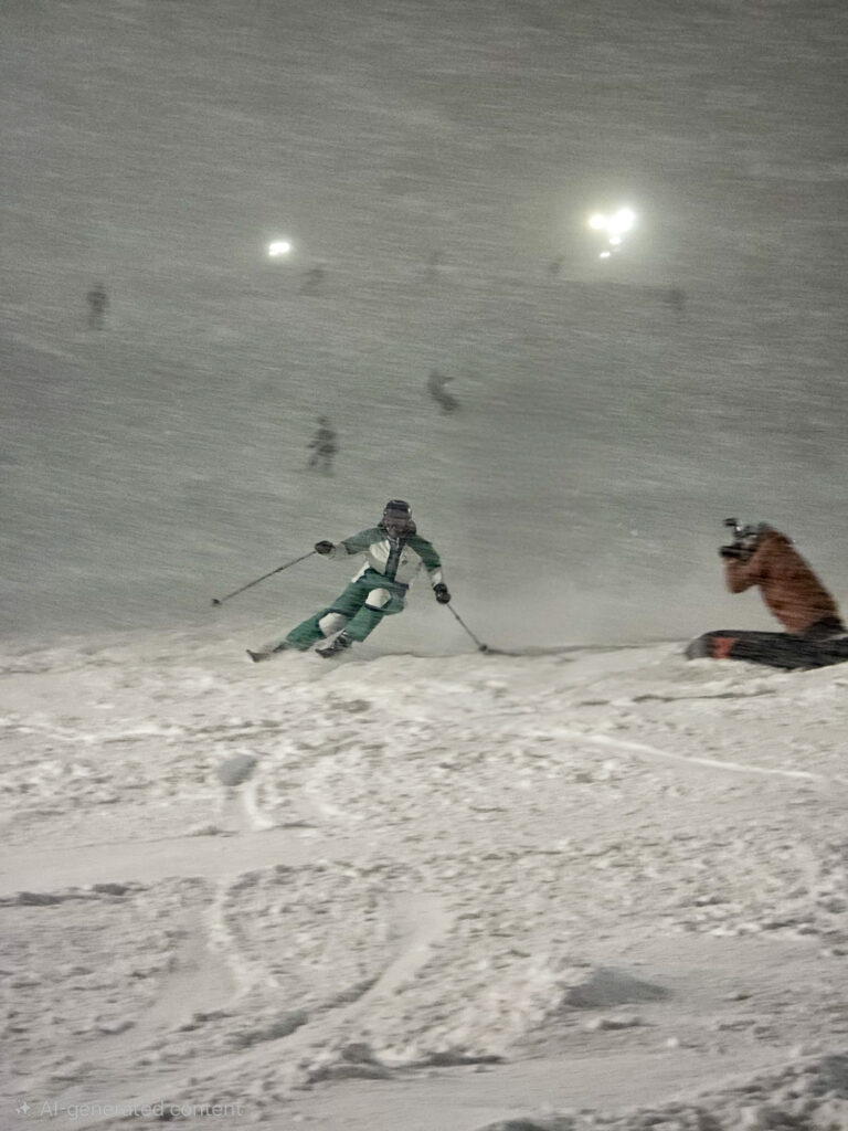 Tanya Hart skiing at night during a snowfall in Niseko, Japan